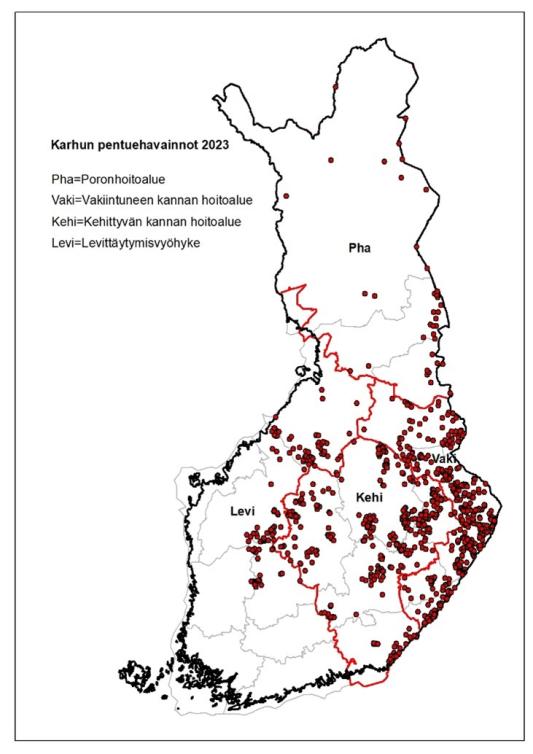 Karhun pentuehavainnoista suurin osa painottuu Itä-Suomeen