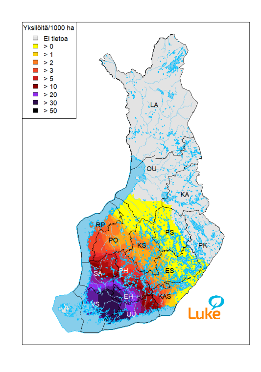 Valkohäntäpeurakanta on tiheimmillään (>30 yksilöä/1000 ha) Varsinais-Suomen, Etelä-Hämeen, Satakunnan eteläosien ja Länsi-Uudenmaan alueella.
