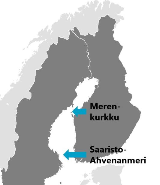 kartta, jossa näkyy Merenkurkun ja Saaristomeri-Ahvenanmeren sijainti Suomen ja Ruotsin välissä