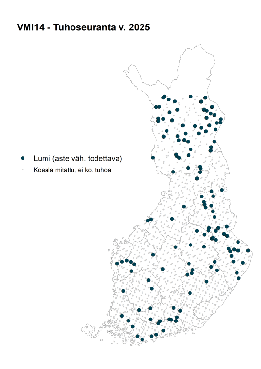 Alueellisessa tarkastelussa lumituhot olivat suhteellisesti yleisimpiä Lapissa, Pohjois-Pohjanmaalla ja Kainuussa.